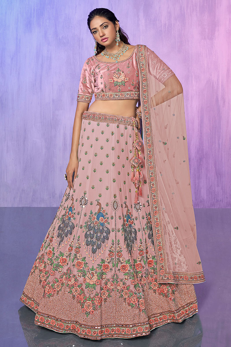 Dusty Pink Embroidered Georgette Lehenga For Engagement 