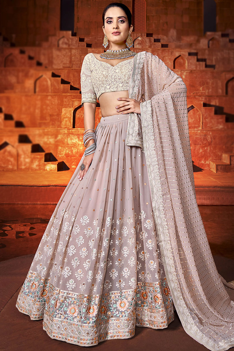Dusty Pink Georgette Sequins Embroidered Lehenga