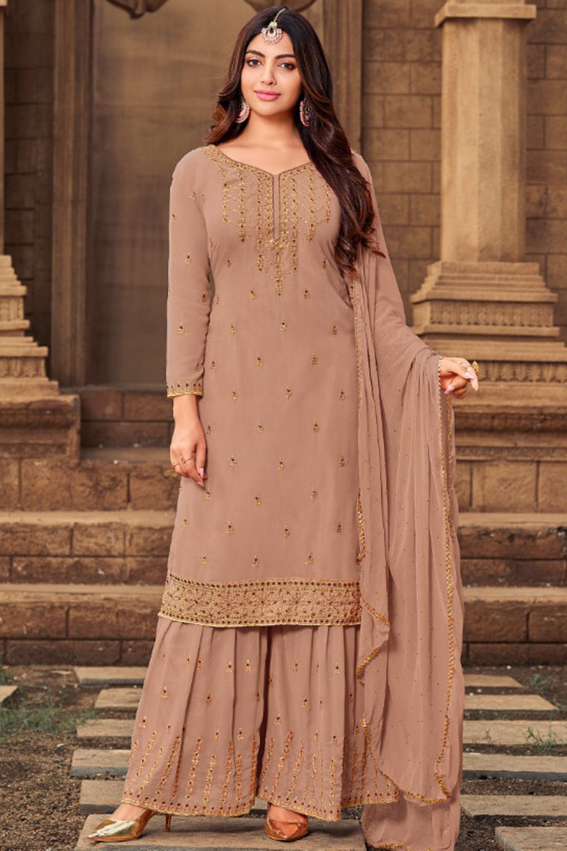 Fashionable Outfits Sharara Suit in Dusty Pink Embroidered Fabric