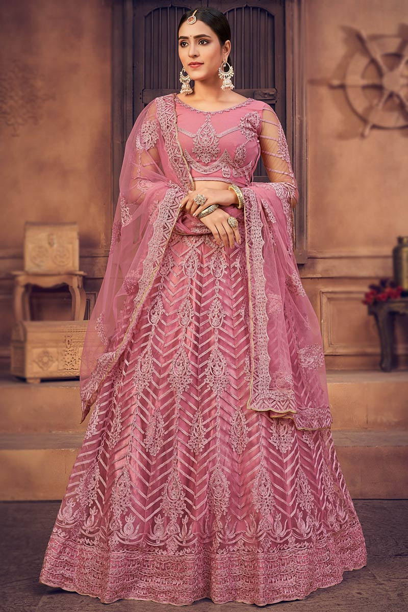 Dusty Pink A Line Sangeet Lehenga in Net