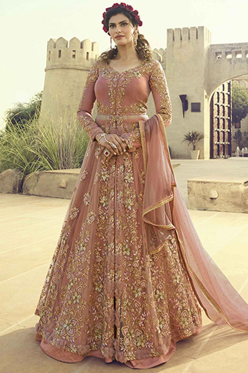 Buy Dusty Pink Net Anarkali Suit with Skirt Online LSTV03762