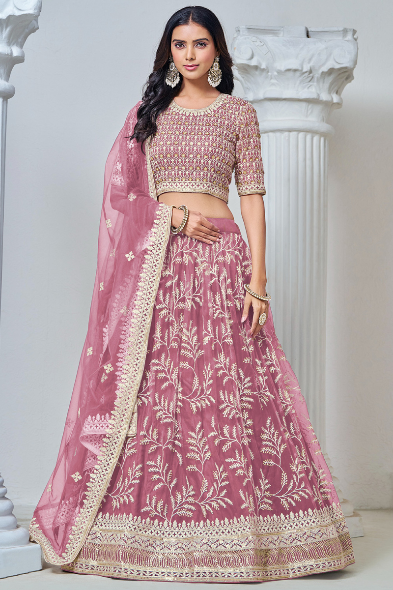 Dusty Pink Net Embroidered Panelled Style Lehenga For Wedding
