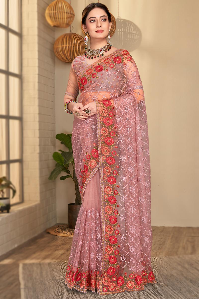 Dusty Pink Net Traditional Saree with Stone Work