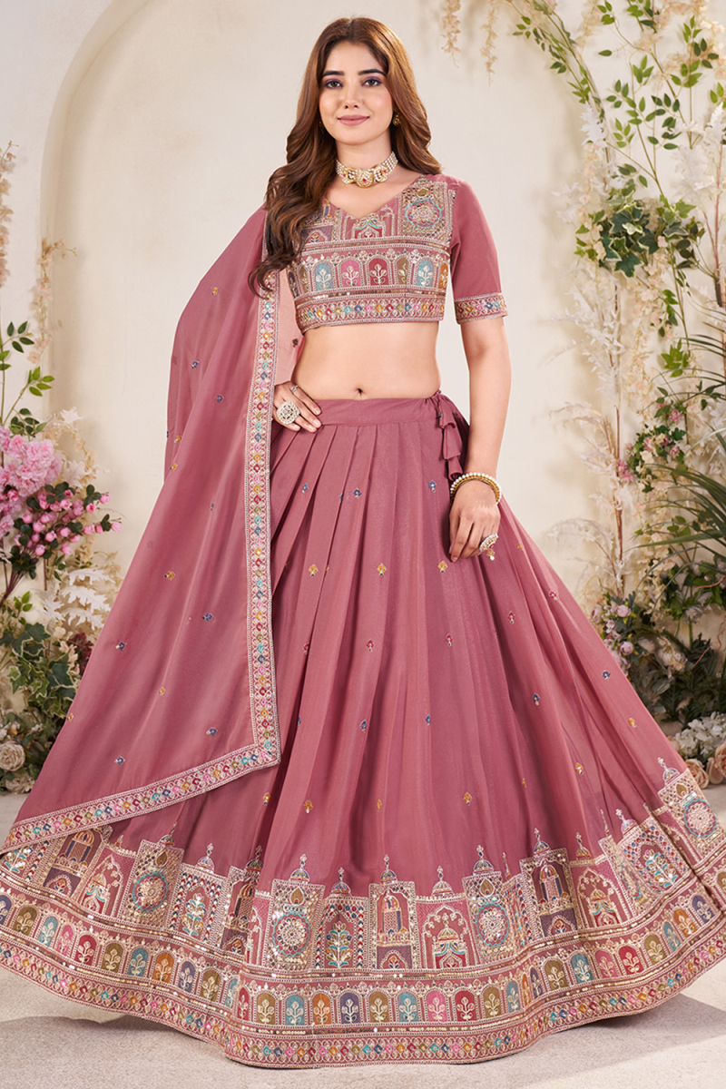 Dusty Pink Poly Georgette Embroidered Flared Style Lehenga 