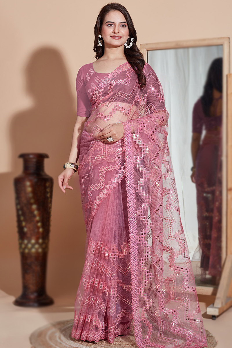 Dusty Pink Sequins Embroidered Net Light Weight Saree