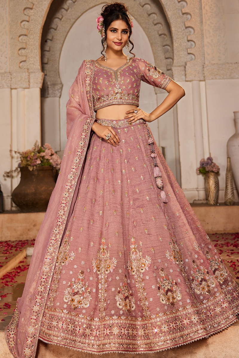 Dusty Pink Tissue Lehenga with Zari Work for Lohri & Weddings