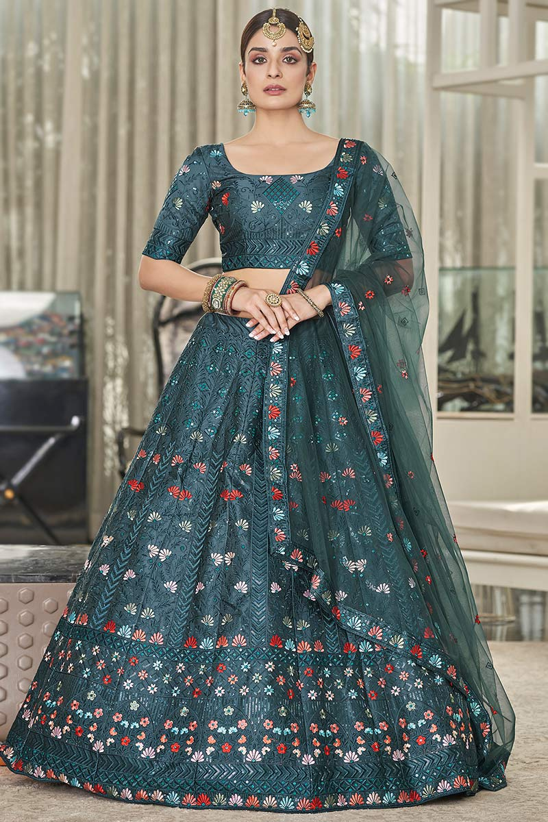 Dusty Teal Blue Silk Embroidered Lehenga
