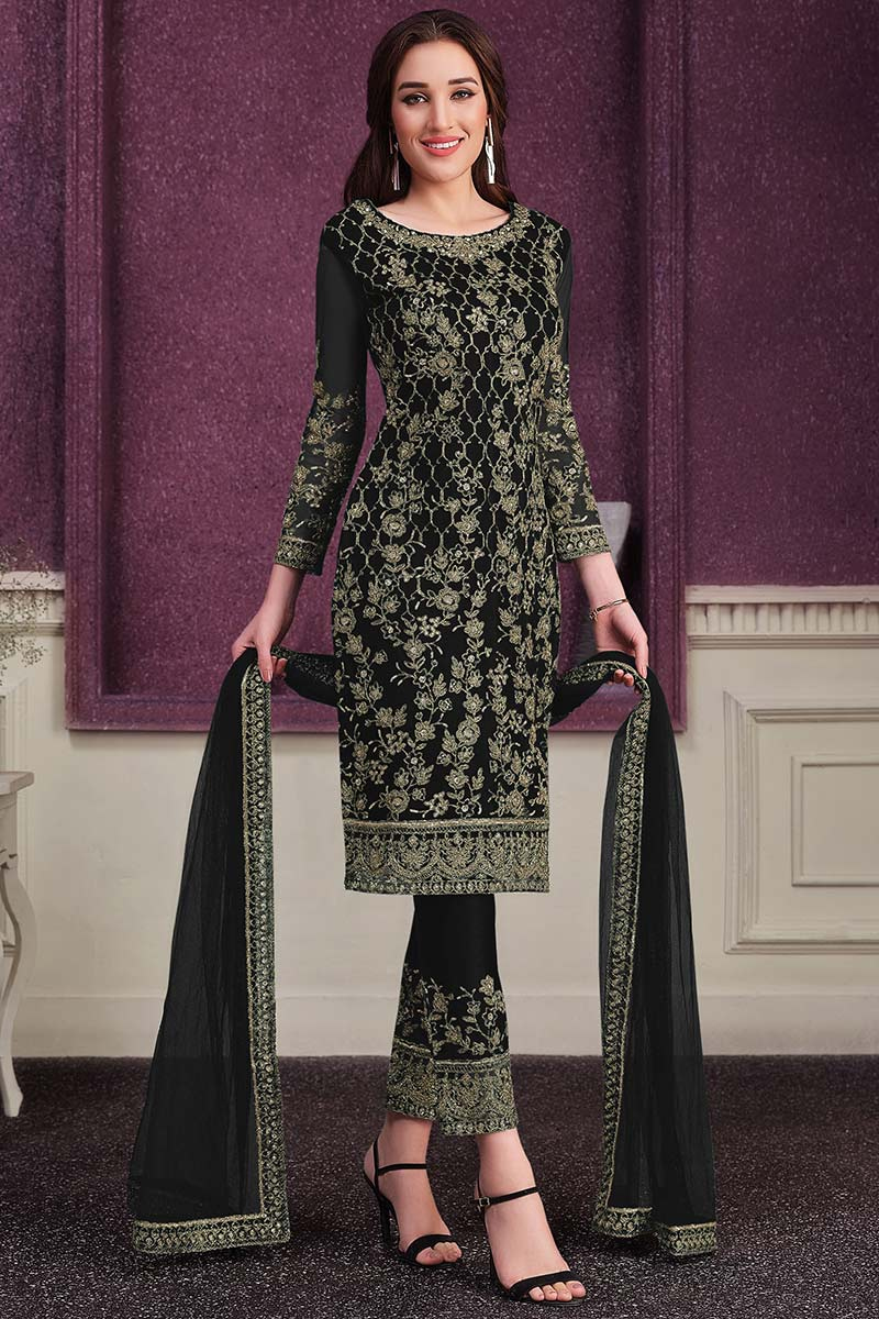 Wedding Black Net Straight Pant Trouser Suit