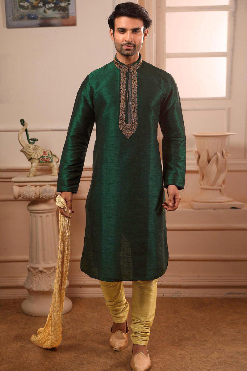 Wedding Special Men Kurta In Bottle Green With Churidar