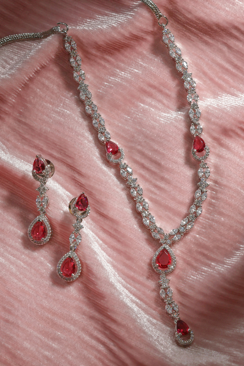 Elegant Ruby Tear-Drop Diamond Necklace Set