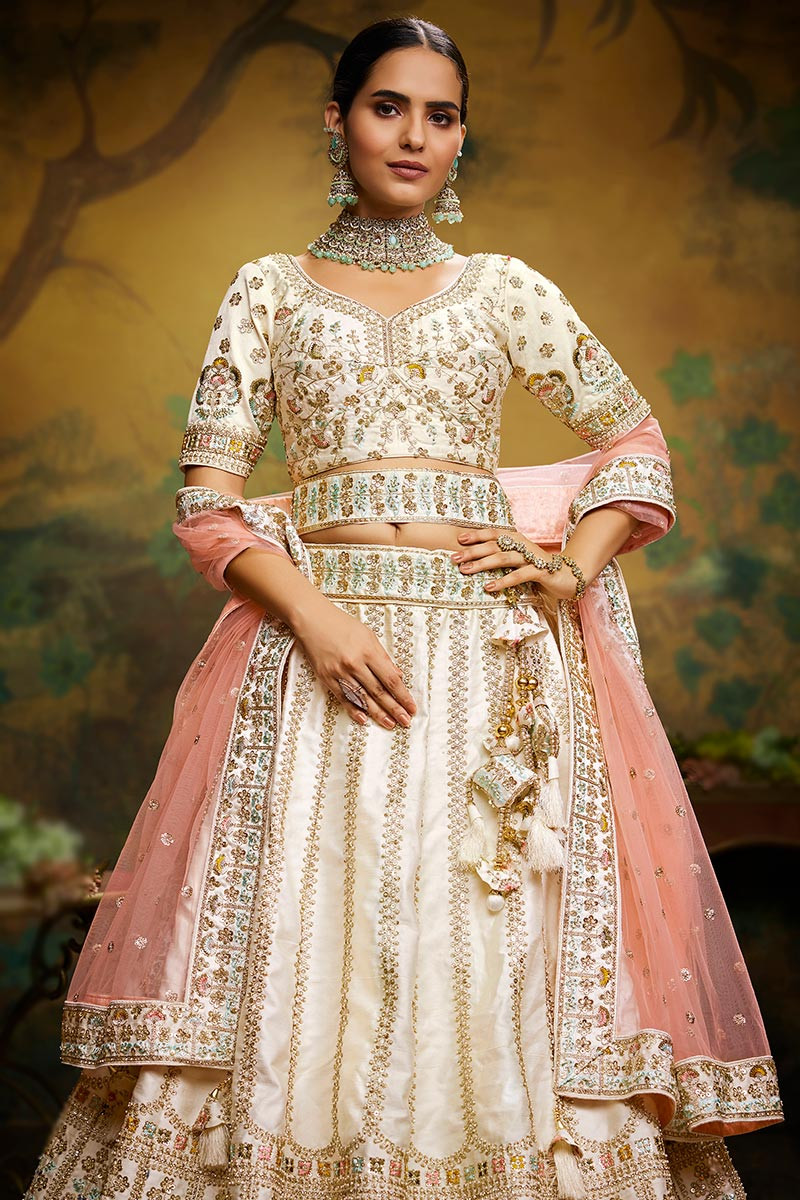 Buy Embellished Silk Off-White Lehenga Choli LLCV115942