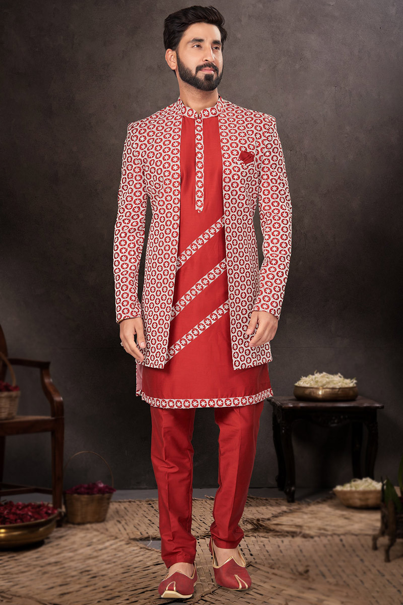 Red kurta pajama with jacket clearance