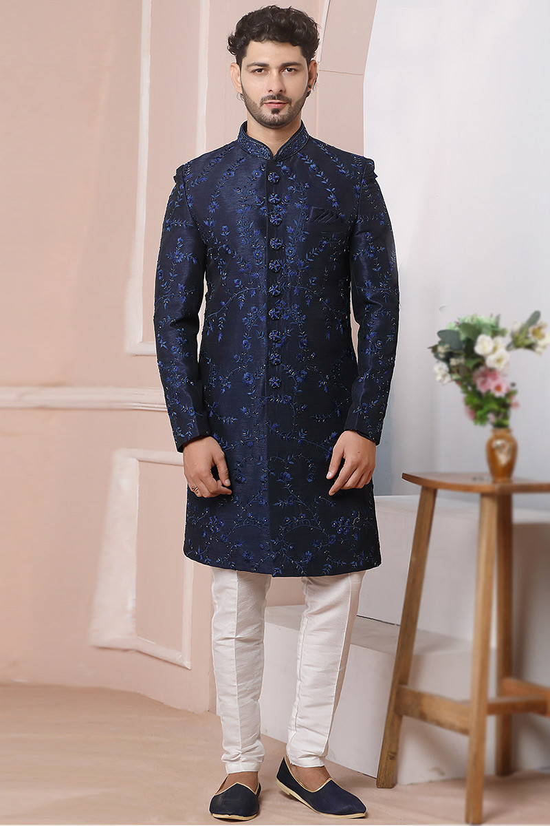 Embroidered Banarasi Silk Navy Blue Men s Sherwani