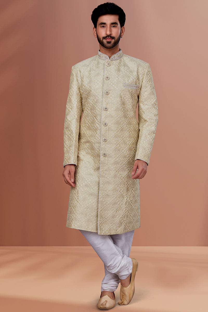 Embroidered Beige Art Silk Churidar Men Sherwani