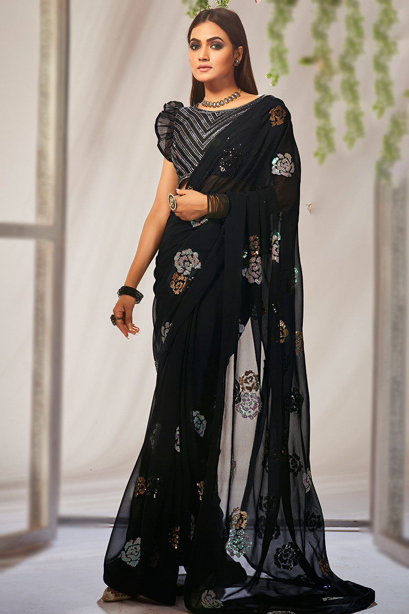 Embroidered Black Fancy Saree in Georgette