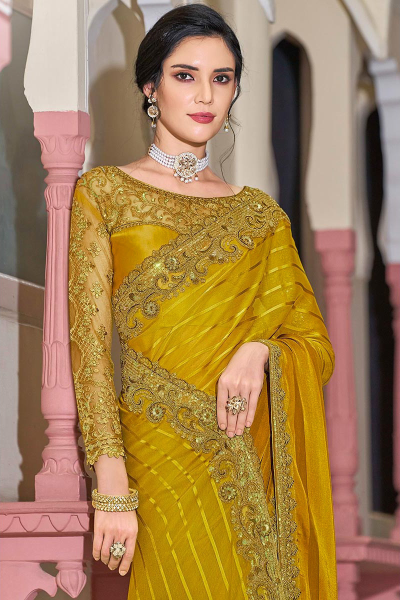 Lemon Yellow Resham & Sequins Embroidered Saree Set Design by Devnaagri at  Pernia's Pop Up Shop 2024