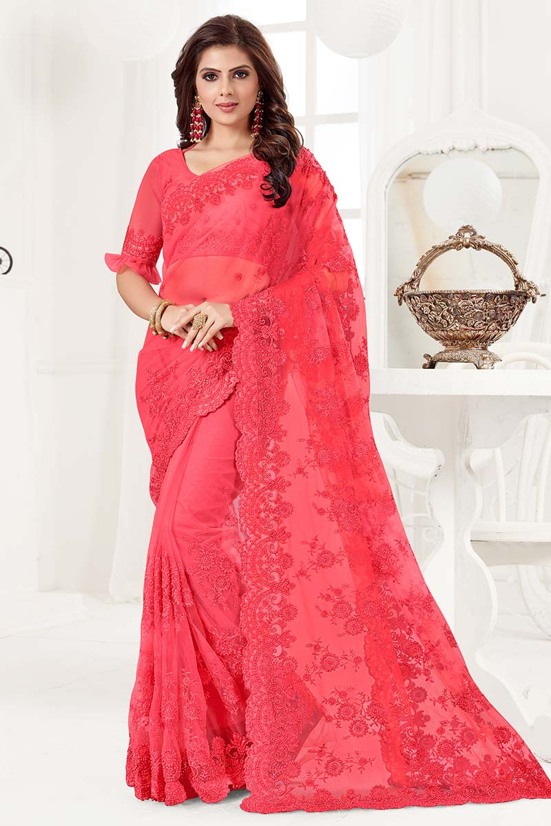 Embroidered Carrot Pink Net Saree With Net Blouse