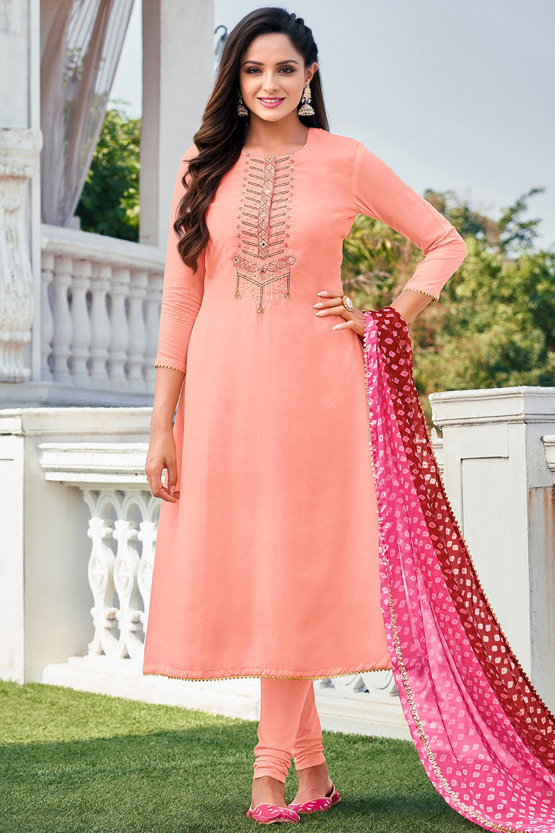 Buy Traditional Wears Chanderi Cotton Peach Indian Churidar Suit LSTV113924