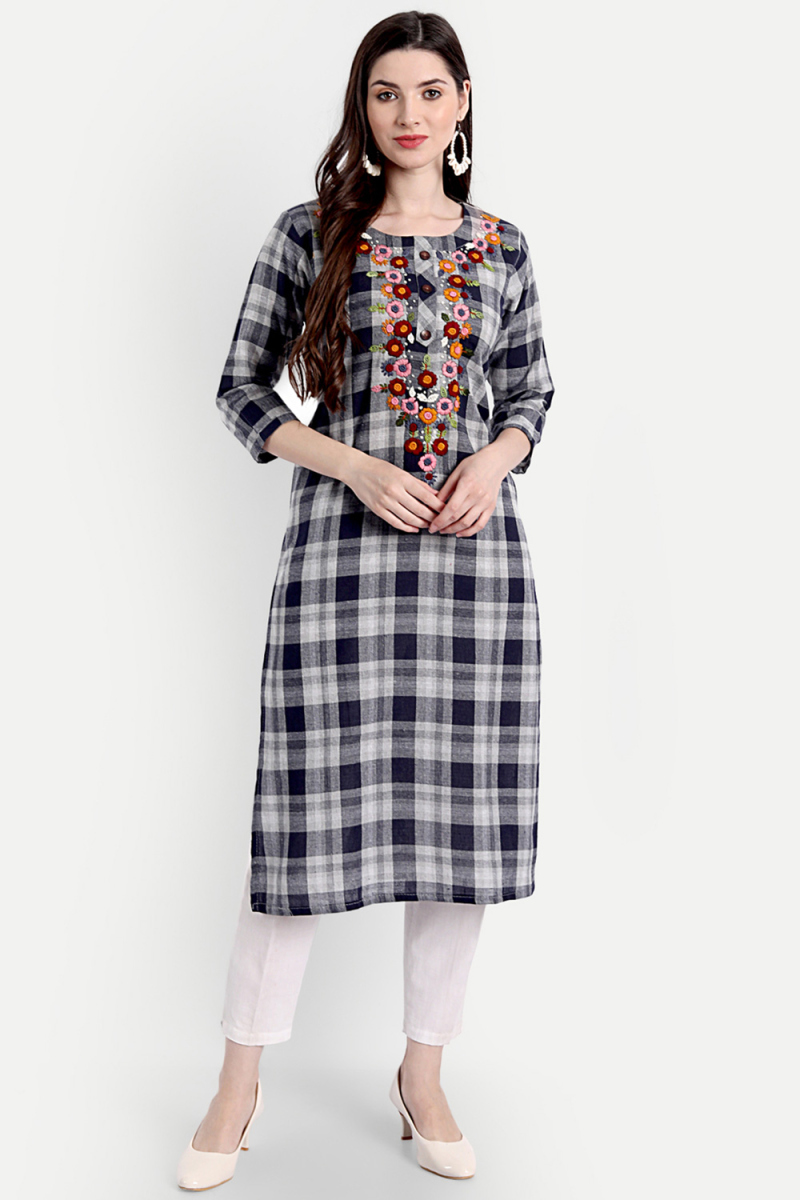Embroidered Cotton Navy Blue Casual Wear Ready Made Kurti