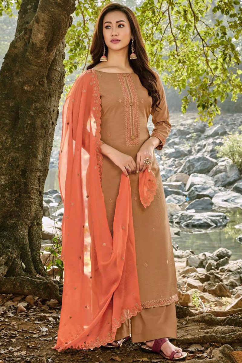 Buy Embroidered Cotton Palazzo Pant Suit In Camel Colour Online LSTV05641 Andaaz Fashion