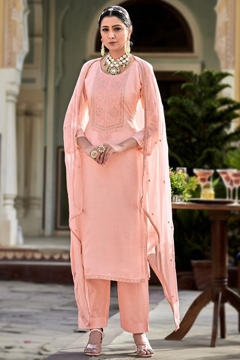 Embroidered Cotton Silk Salmon Pink Straight Cut Suit