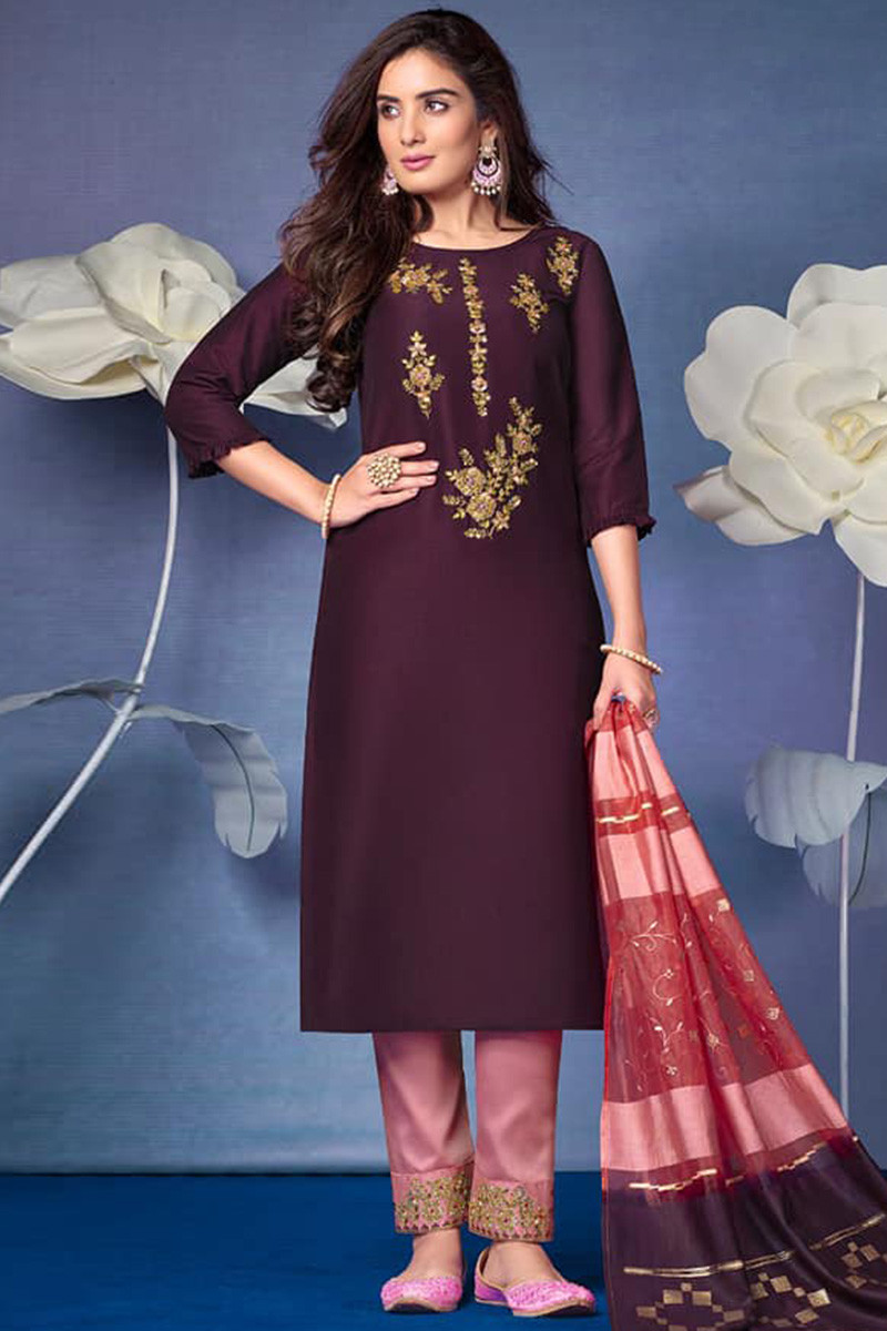 Online Sale Embroidered Cotton Silk Wine Trouser Suit LSTV118353