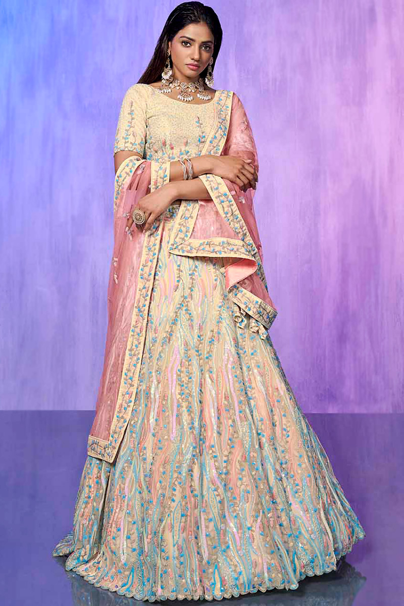 Embroidered Cream Organza Panelled Style Lehenga