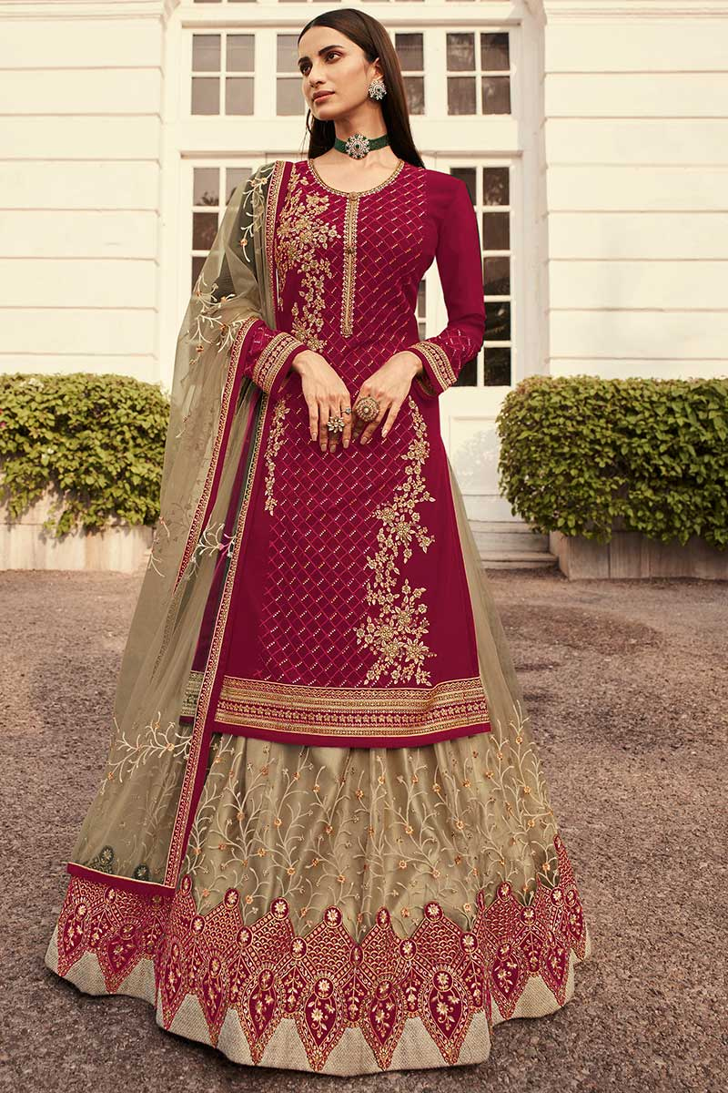 Embroidered Dark Beige Net Straight Cut Lehenga