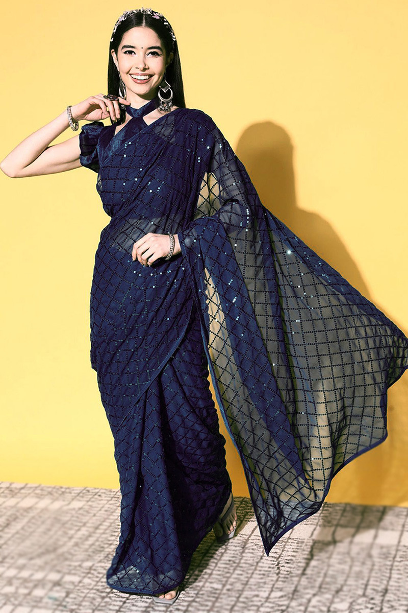 Navy blue party wear saree on sale