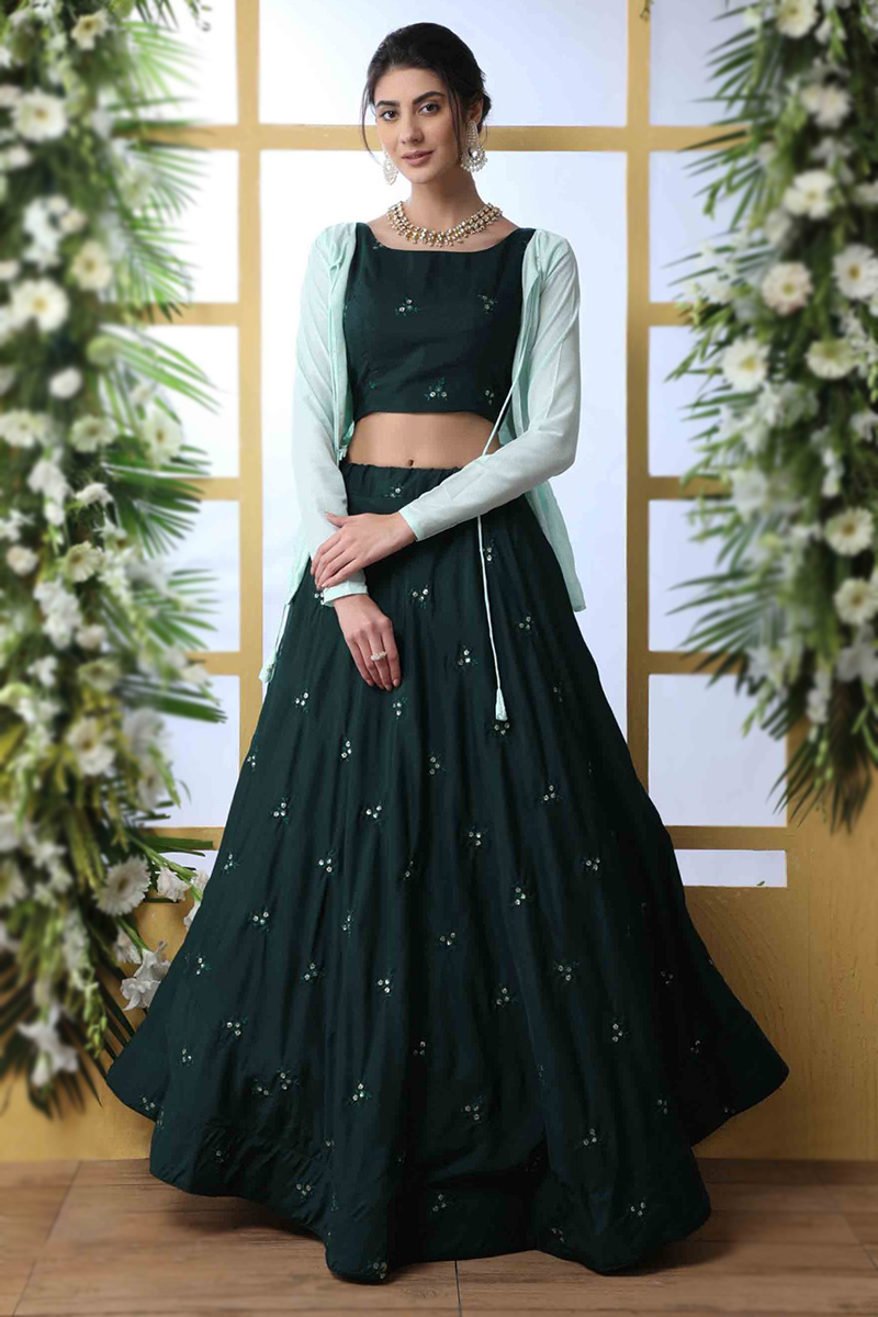 Embroidered Dark Green Georgette Flared Lehenga