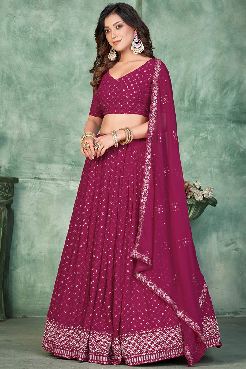 Embroidered Dark Pink Georgette Flared Style Lehenga 