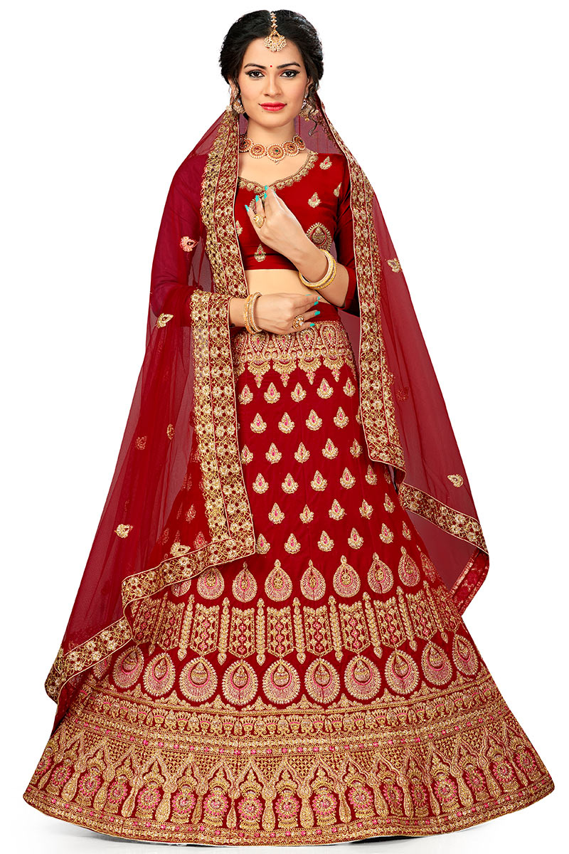 Embroidered Deep Red Silk A Line Lehenga