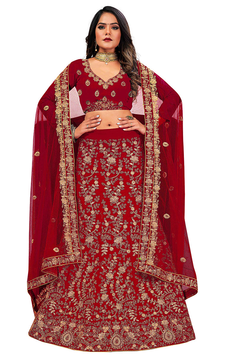 Deep Red Velvet A Line Lehenga with Stone embroidery