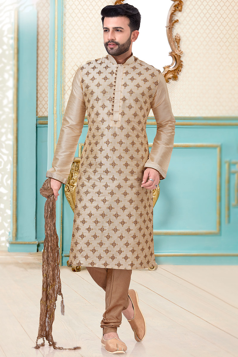 Embroidered Dupion Silk Beige Men Kurta Pajama