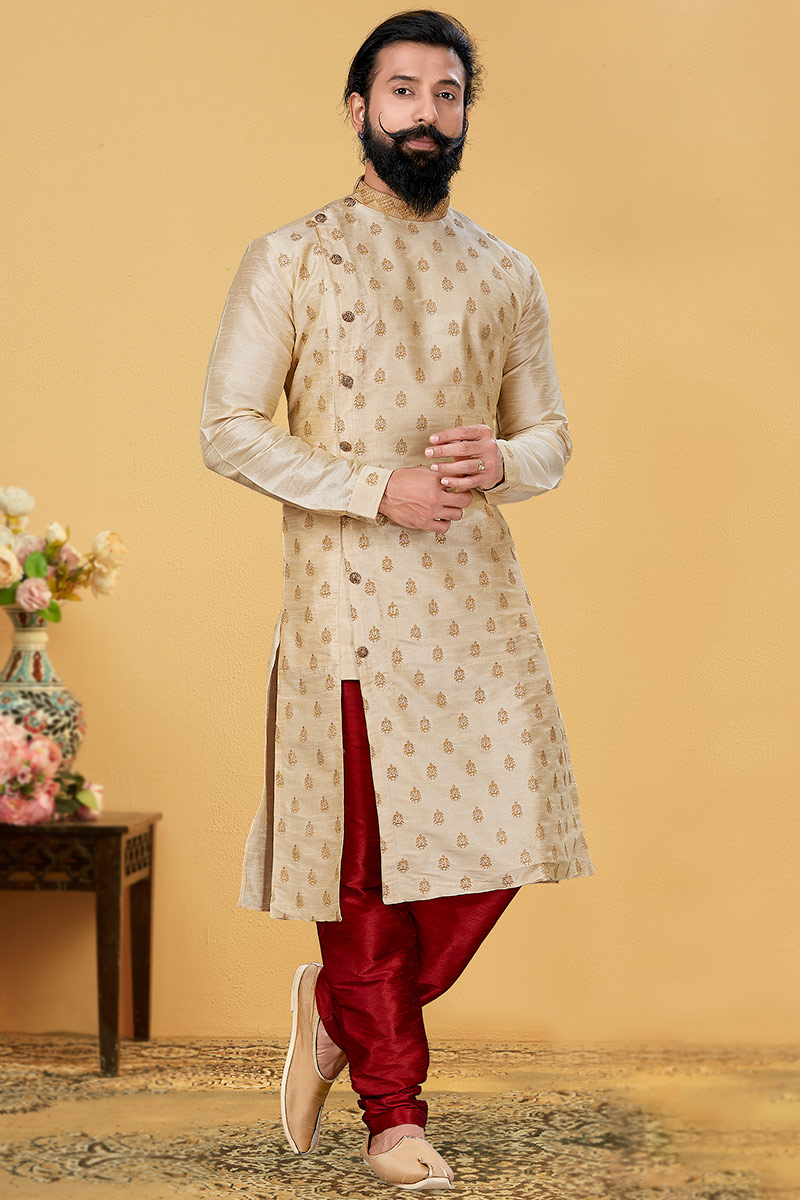 Embroidered Dupion Silk Cream Beige Men Sherwani