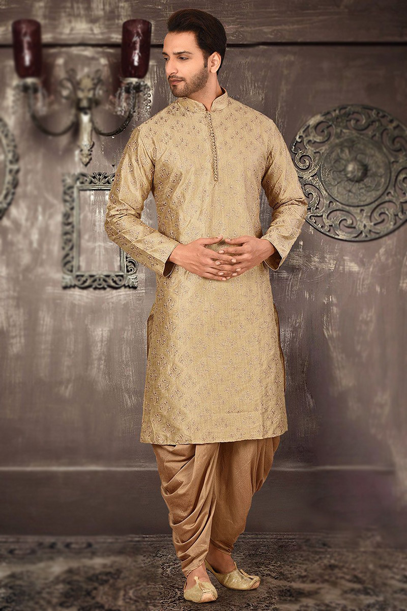 Embroidered Dupion Silk Dark Beige Men Kurta Pajama