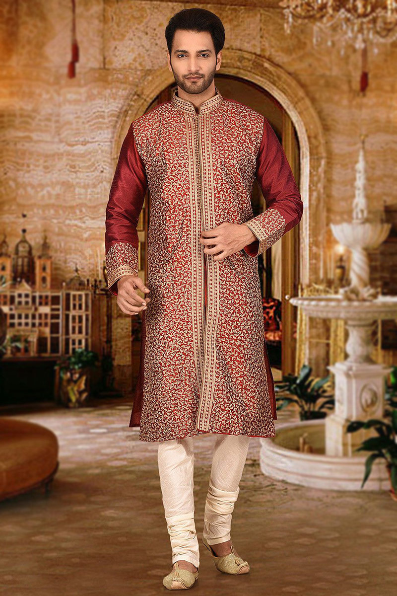 Embroidered Dupion Silk Deep Red Men Kurta Pajama