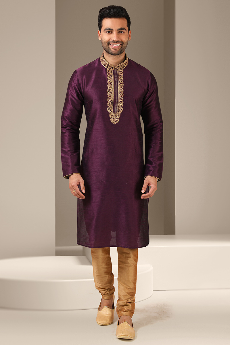 Embroidered Dupion Silk Wine Men's Kurta With Churidar