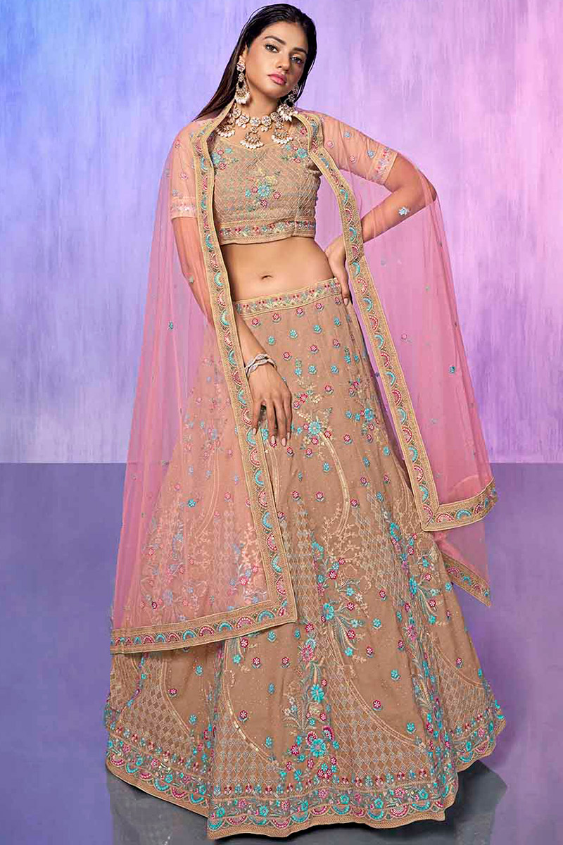 Embroidered Dusty Mauve Georgette Panelled Style Lehenga