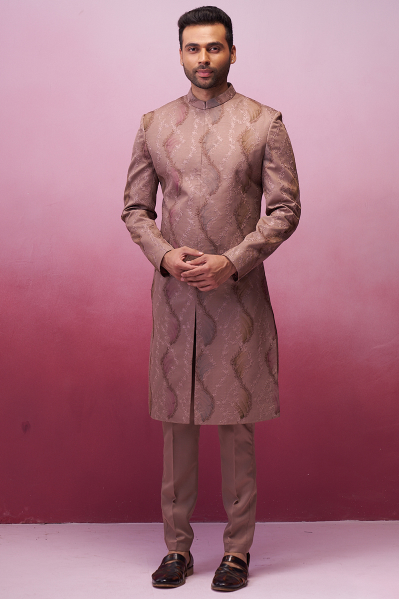 Embroidered Dusty Mauve Silk Achkan Style Men's Sherwani
