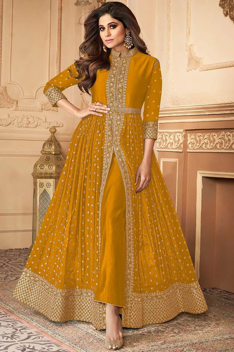 Yellow Georgette Anarkali Palazzo Suit in Georgette with Zari Woven Border-nttc.com.vn