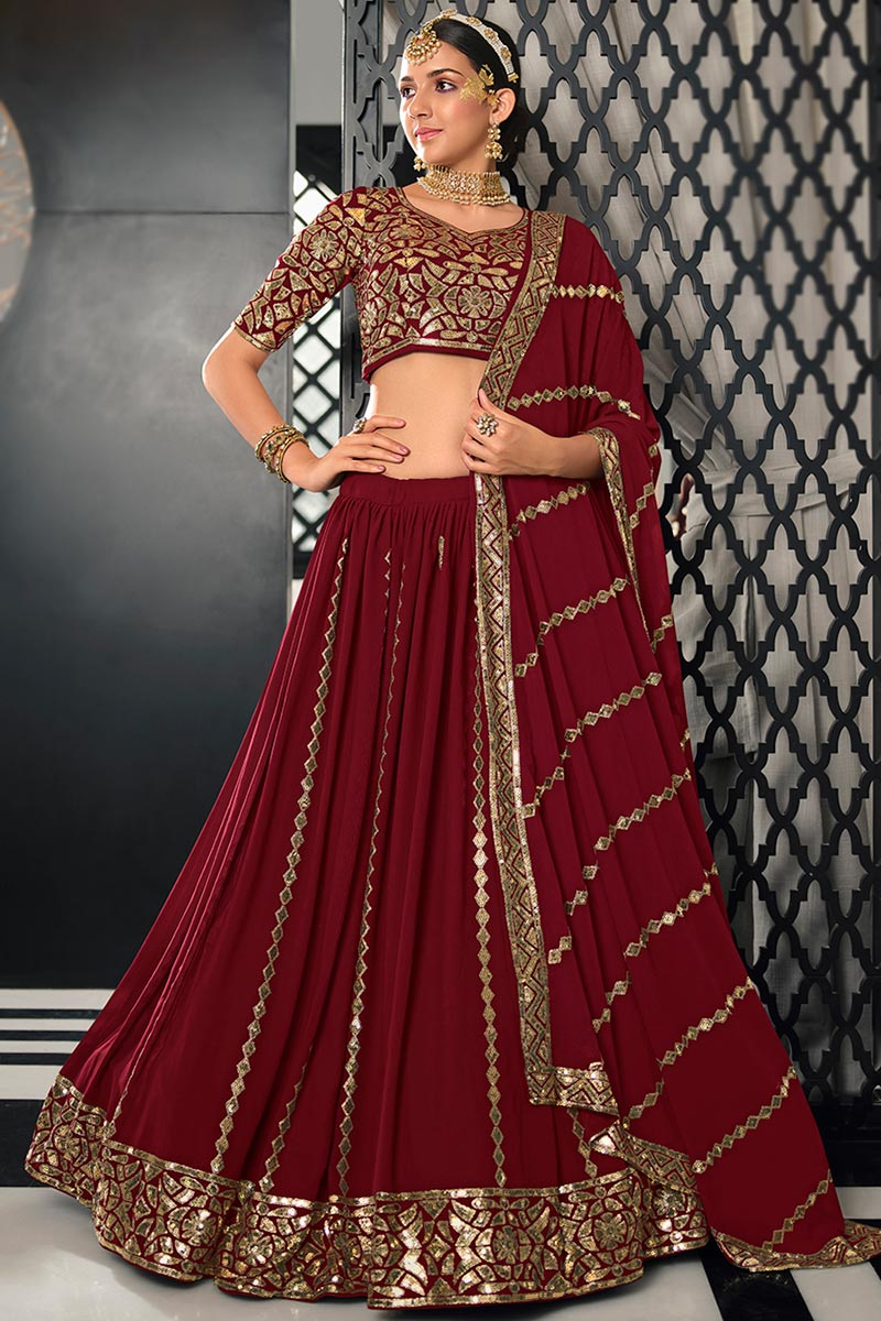 Embroidered Georgette Deep Red Lehenga