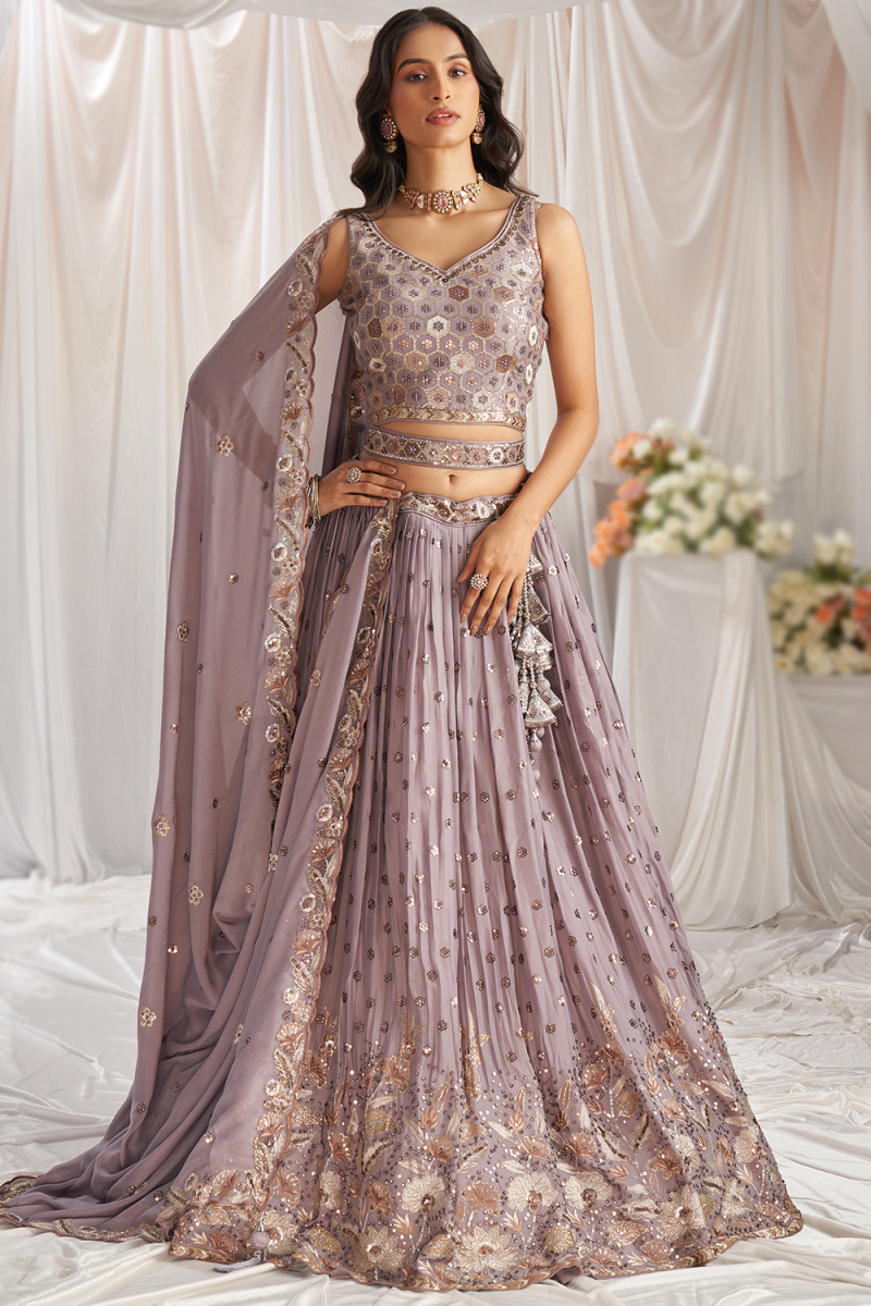 Embroidered Georgette Dusty Mauve Flared Style Lehenga
