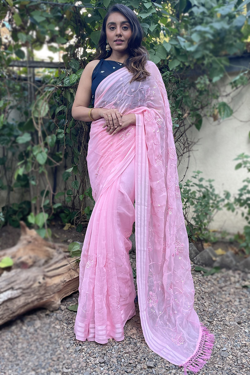 Rose Pink Organza Printed Banarasi Saree – Leemboodi