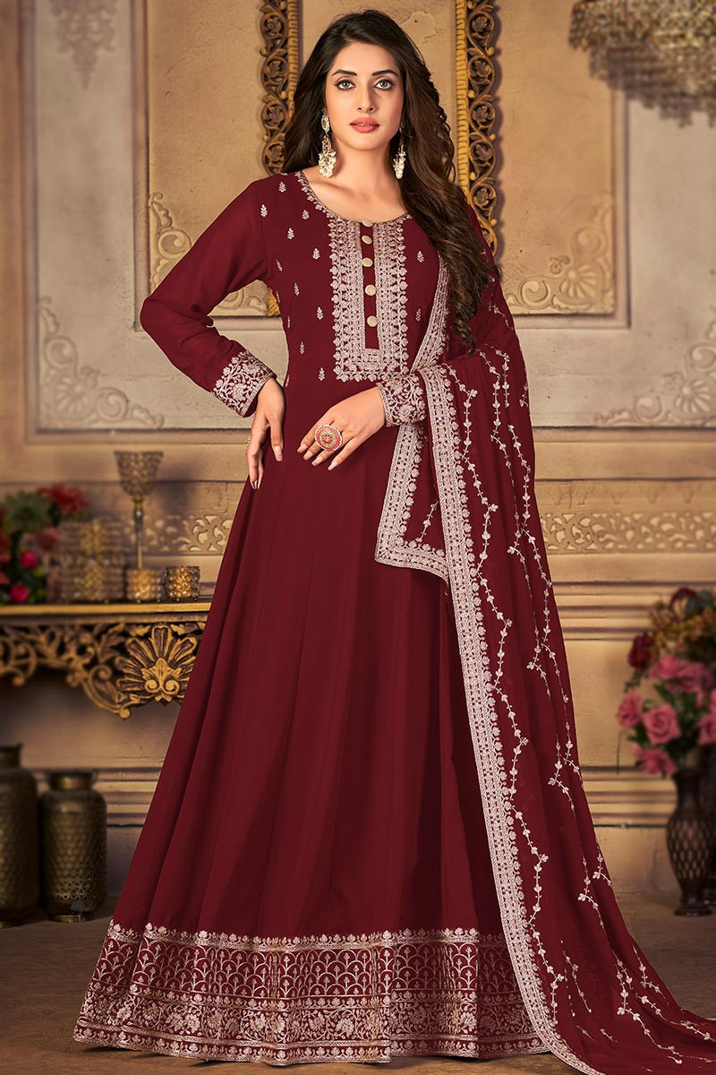 Maroon Pant Style Anarkali Suit Set | Indian fashion dresses, Sleeves  designs for dresses, Dress indian style