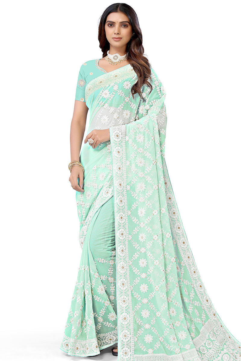 Buy Blue Hand Embroidered Lucknowi Chikankari Saree (Georgette-With Blouse)  14604 | www.maanacreation.com