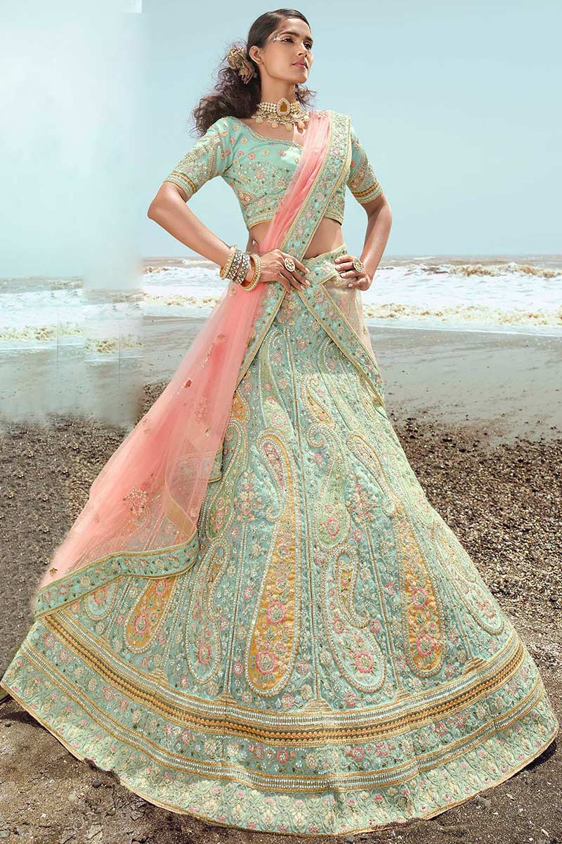 Mint Green Georgette A Line Lehenga with Resham embroidery