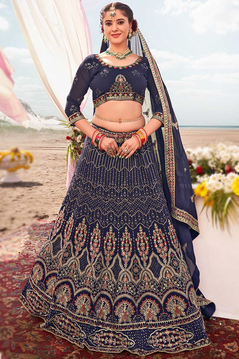 Embroidered Georgette Navy Blue Lehenga