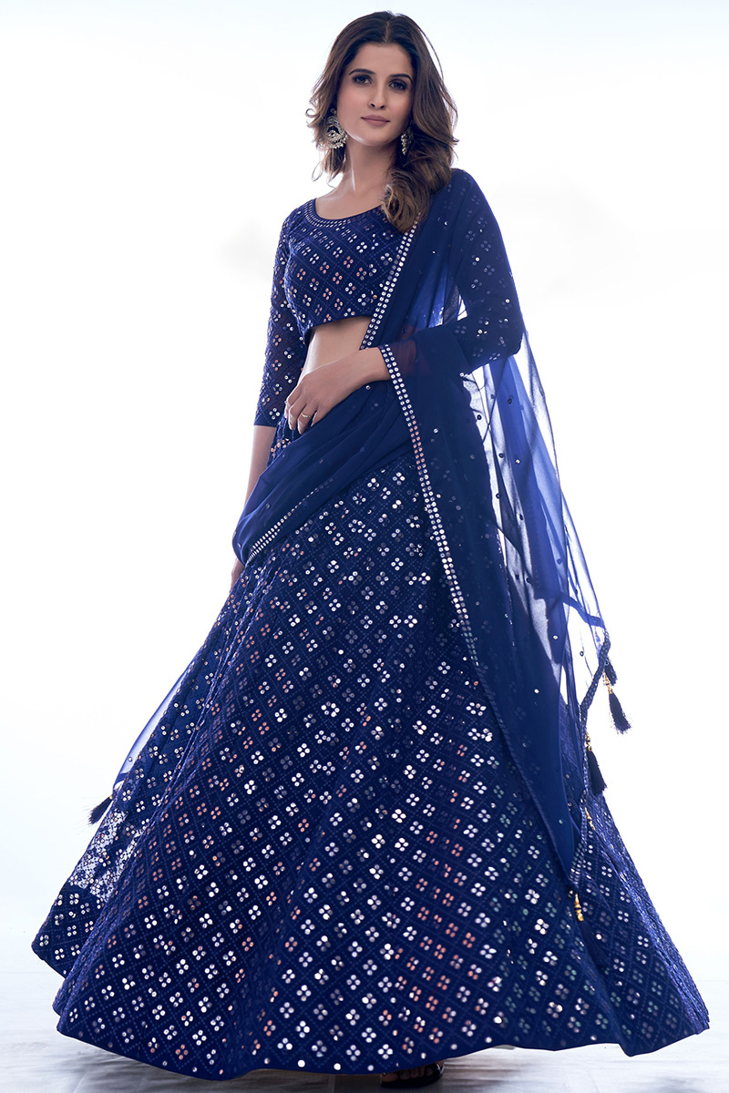 Sequins Work Wedding Wear Lehenga in Navy Blue Georgette