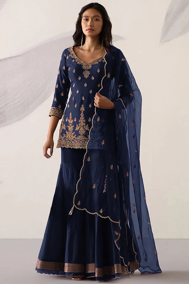 Sangeet Wear Fancy Fabric Jodhpuri Suit In Navy Blue Color For Men